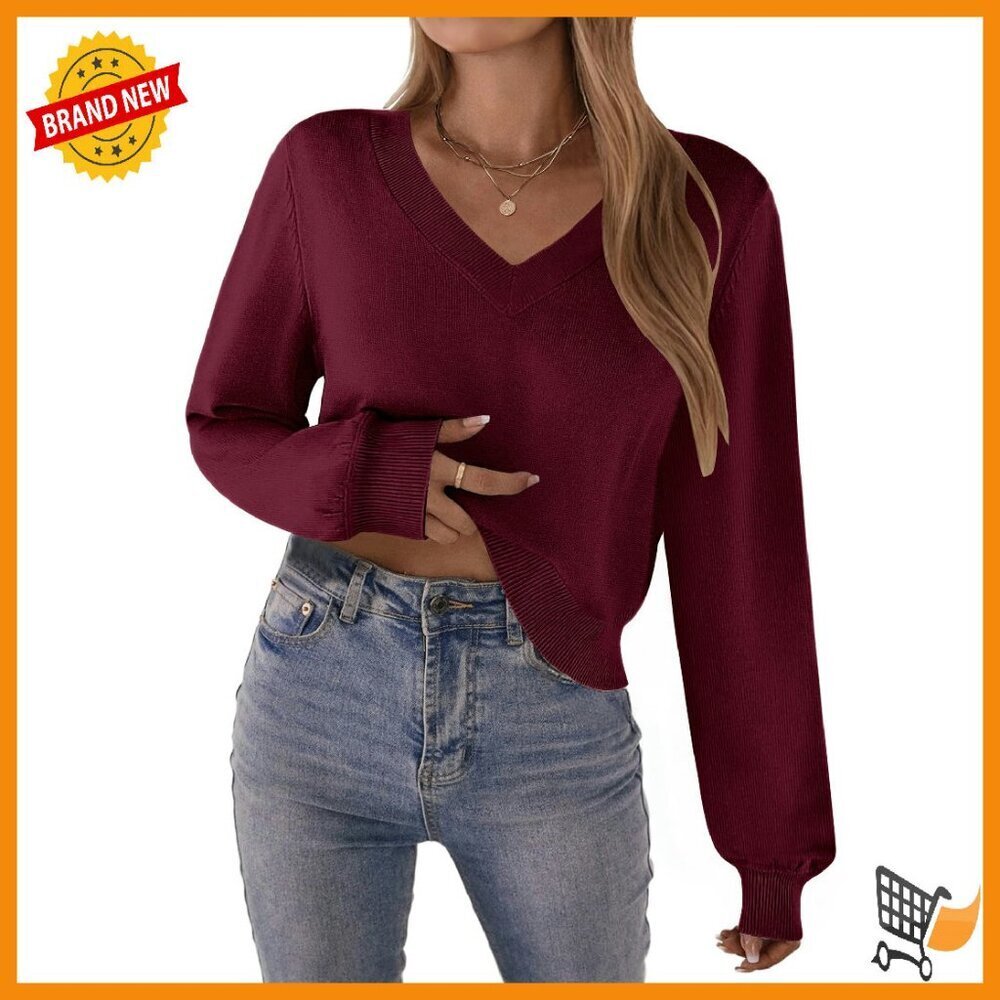 V-Neck Cropped Sweater Ribbed Knit Pullover Lantern Sleeve Tops